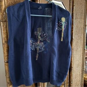 Precious Blue Vest Cardigan with Cottagecore Merry go round design